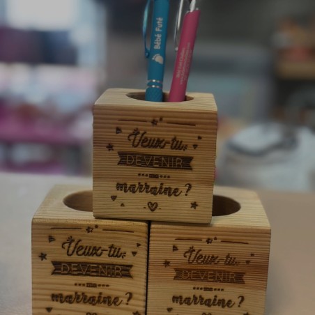 Pot à crayons en bois MARRAINE OU PARRAIN